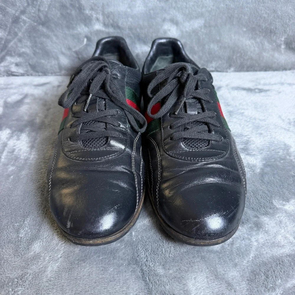 Gucci Mens Black Leather Mesh Web Stripe Sneakers 295197 Size 8 G